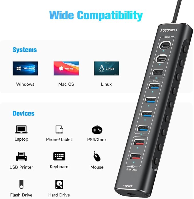 Rosonway 10-Port Powered USB 3.2/USB C Hub 60W with 3x10Gbps USB-3.2 Ports (2C + 1A) 4 USB 3.0 Data Ports 1 USB-C PD and 2 USB-A Fast Charging Ports Aluminum USB Splitter for Laptop/PC RSH-A10QPD
