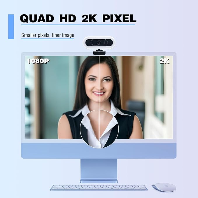 W4 2K Autofocus Webcam with Dual Mics &amp LED Light 1080P 60fps/2K 50fps USB Streaming Camera for PC Laptop Switch 2 Desktop - Plug and Play