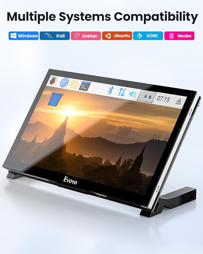 Eyoyo Raspbery Pi Screen 7-inch: 1024×600 LCD Capacitive Touchscreen Monitor with Stand Mini Portable HDMI Monitors IPS Touch Display for Raspbery Pi 5/4/3/2/Zero Windows/Linux/Android