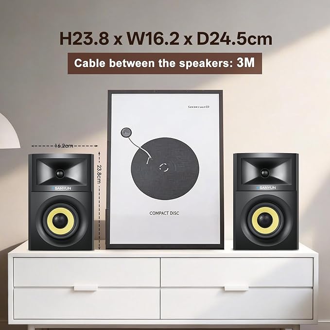 Sanyun SW205 80W Powered Bookshelf Speakers with 3D Soundstage | Precision DSP Spatial Audio &amp Geometric Cabinet | 4 Glass Fiber Woofer Optical/Bluetooth 5.4/AUX Wireless Remote (Pair Black)