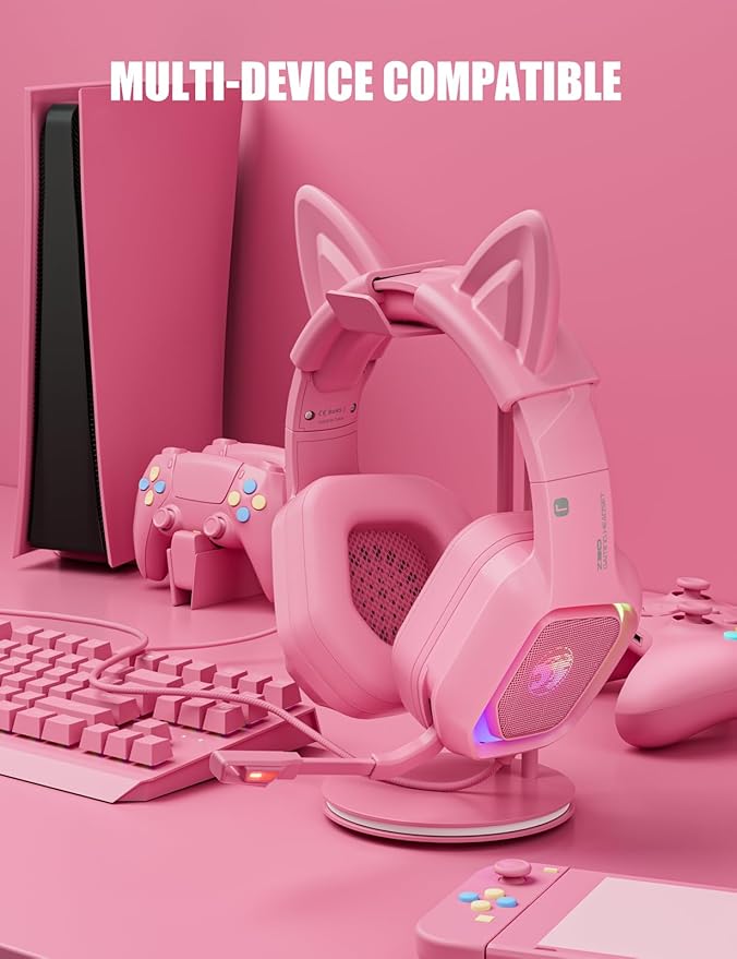 ZIUMIER Gaming Headset with Detachable Cat Ears Compatible with PS4 PS5 Xbox One PC Laptop Over-Ear Headphones with LED Light Noise Canceling Mic Stereo Surround Sound (Pink Cat)