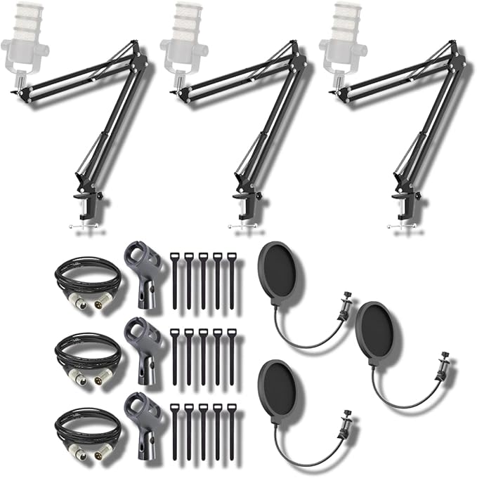 StreamEye BOOMARM1 Boom Arm Mic Stand with Desktop Mount (Three-Pack) Detachable Clips Professional Grade XLR Cables Microphone Pop Filters and Cable Ties
