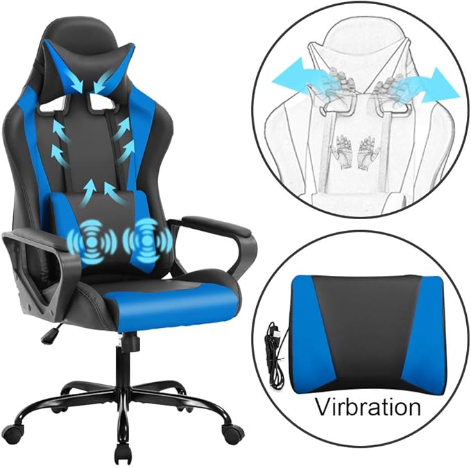 Racing Style Gaming Chair Office Chair High Back Computer Chair Leather Desk Chair Ergonomic Executive Chair Adjustable Video Game Chair Swivel Task Chair w/Headrest and Massage Lumbar Support Blue
