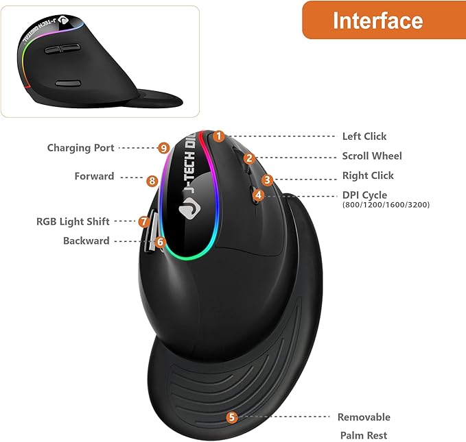 J-Tech Digital Ergonomic Mouse with Wireless Connection Removable Palm Rest Thumb Buttons Rechargeable Battery 800 DPI Compatible with Windows and MAC OS