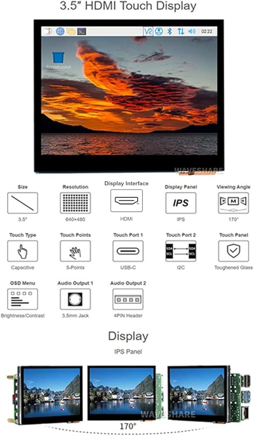 3.5inch HDMI Capacitive 640×480 Touch IPS LCD Display (E) with Audio Jack for Raspberry Pi Jetson Nano Tinker Board 2/ PC Windows 11/10 / 8.1/8 / 7
