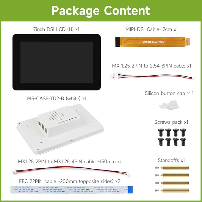 Waveshare 7inch DSI Capacitive Touch Display 1280×720 Pixels IPS Panel Optical Bonding Toughened Glass Panel 10-Point Touch Anti-Fingerprint Process with Protective Case White