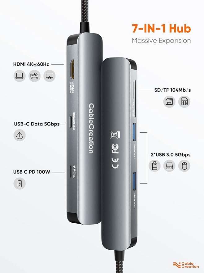 CableCreation 7-in-1 USB-C Hub with 4K 60Hz HDMI 100W PD 2 USB 3.0 5Gbps Data Ports SD/TF Card Slots for Steam Deck MacBook Pro/Air iPad Pro Pixelbook XPS