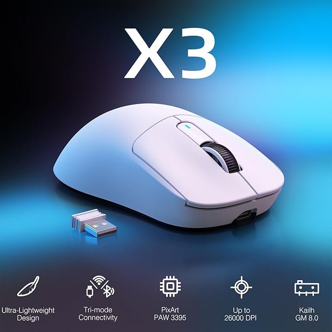 ATTACK SHARK X3 Wireless Gaming Mouse 49g Ergonomic Computer Mouse Triple Modes PAW3395 26K DPI Optical Sensor 200h Battery Life Programmable Buttons Gaming Accessories for PC/Laptop/Mac (White)