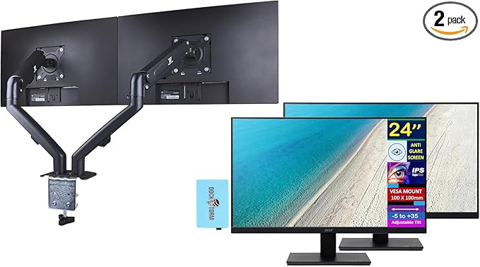 acer 24 Vero FHD IPS Monitor with 4 ms Response Time Anti-Glare Adaptive Sync Integrated Speakers VESA Mount (100mm) &amp DKZ Hub Black Color 2 Pack &amp ErgoFlexy Dual Monitor Mount