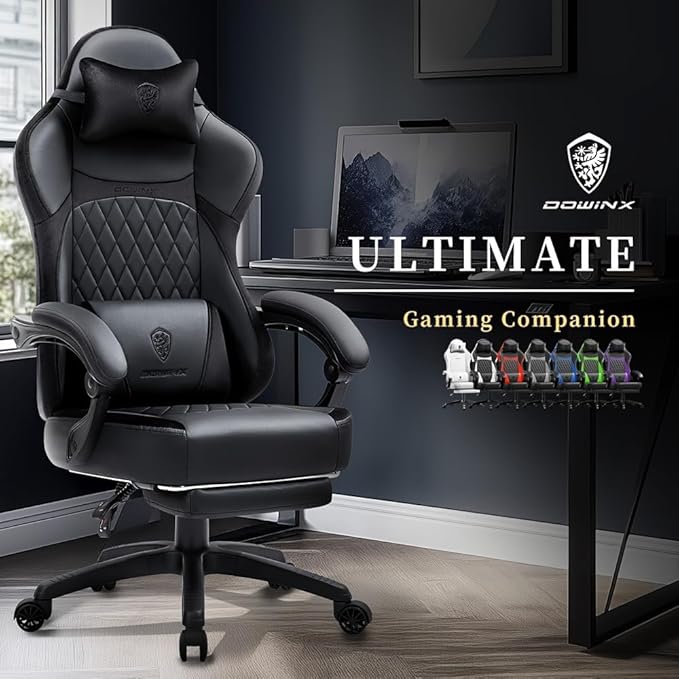 Dowinx 665TE0A Gaming Chair with Pocket Spring Cushion Ergonomic Computer Chair with Massage Lumbar and Footrest for Adults High Back Game Chair Leather for Office Gaming 300LBS