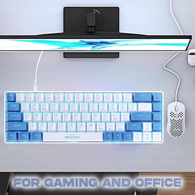 abucow 65% Mechanical Gaming Keyboard Red Switch Wired Compact Keyboard with Blue Backlight Swappable Blue White Keycaps for Windows/Mac
