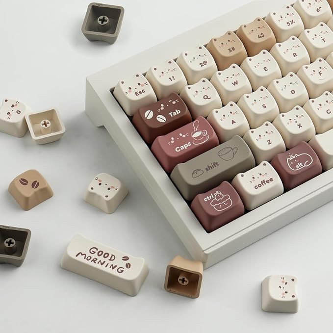 PBT Keycaps 142 Keys Cute Keycaps Dye-Sublimation Coffee Cat Keycap Mao Profile Custom Keycap for Cherry Gateron MX Swithes Mechanical Gaming Keyboards