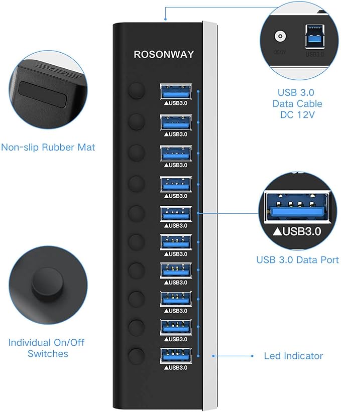 Powered USB Hub Rosonway Aluminum 10 Port USB 3.0 Data Hub with 36W (12V/3A) Power Adapter and Individual On/Off Switches USB Splitter(RSH-A10) (Pack of 2)