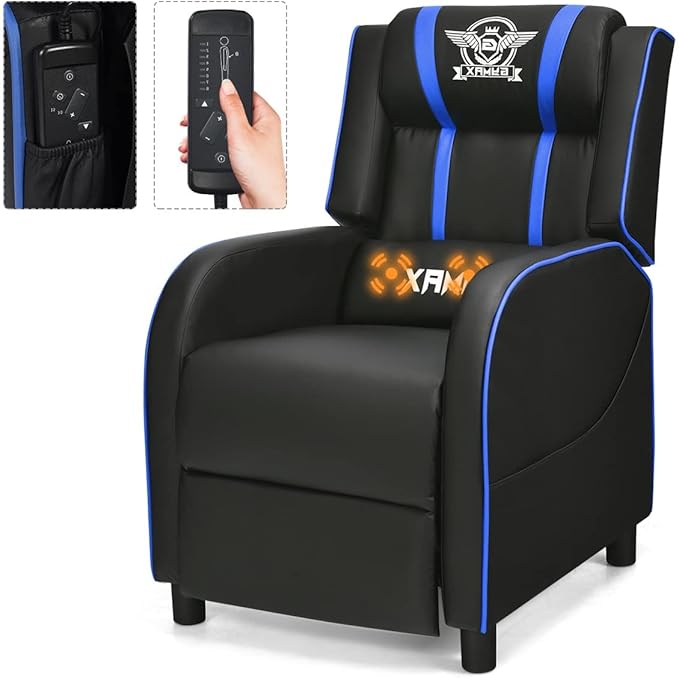 Gaming Recliner Movie Theater Chair w/Adjustable Backrest &amp Footrest Massage Lumbar Pillow Racing Single Sofa PU Leather Reclining Chair for Gaming Room Home Theater (Blue)