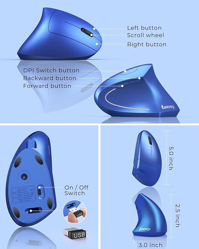 Lekvey Ergonomic Mouse Vertical Wireless Mouse Rechargeable 2.4G USB Optical Carpal Tunnel Mice : 3 DPI 800/1200/1600 Levels 6 Buttons for Laptop PC Mac Computer Desktop Notebook etc Blue