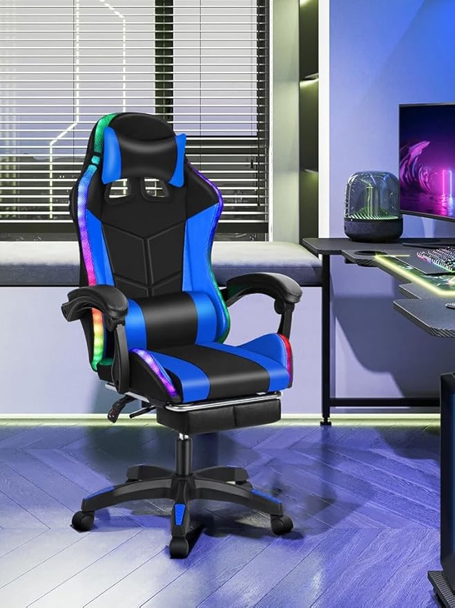 Gaming Chair with Bluetooth Speakers LED Light Adjustable Height Retractable Footrest &amp Massage Lumbar Support - Ergonomic Office Computer Chair for Adults Gamers Internet Cafe Home Blue