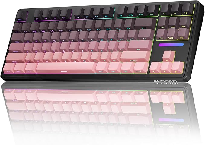AUSDOM H87 Wireless Mechanical Gaming Keyboard: 10000mAh Battery 2.4G/BT5.3/USB-C Hot Swappable Custom Keyboard with RGB Backlit Side Printed PBT Keycaps 15-Layer Gasket Structure Black Pink