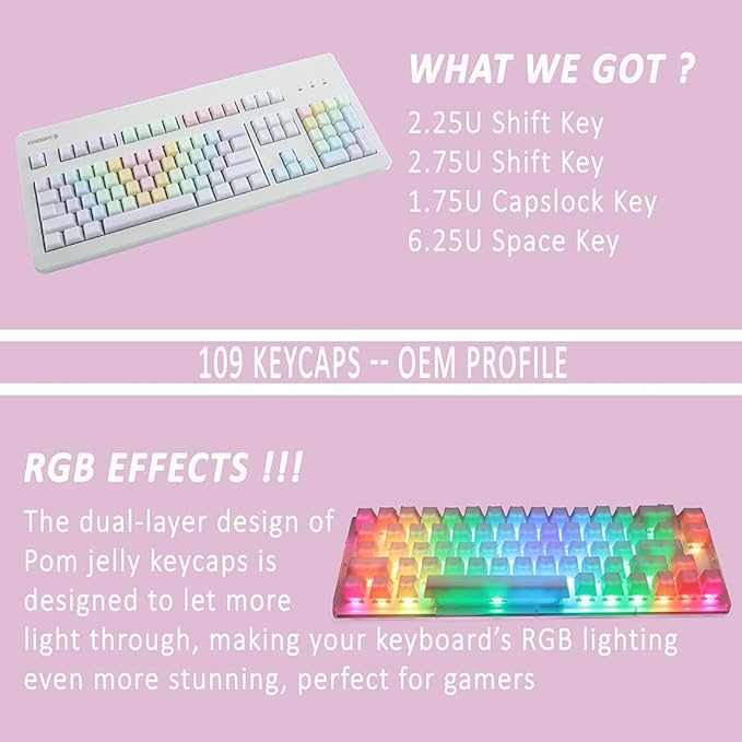 POM Jelly Keycaps Doubleshot Translucent OEM Profile for 61/87/104/108 Keys PC Gaming Mechanical Keyboards (Rainbow)