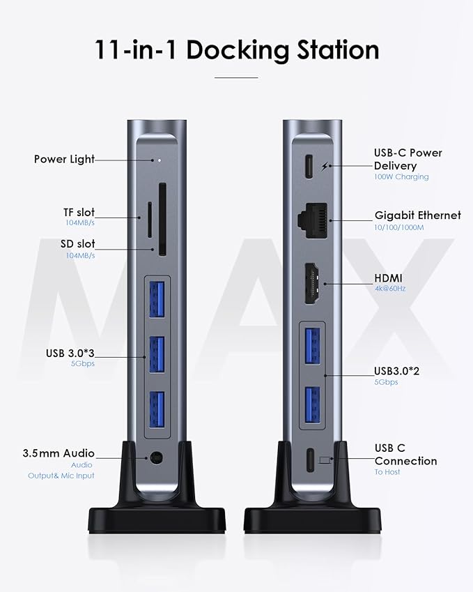 LENTION 11-in-1 USB C Docking Station with Detachable 3.3ft Long Cable 4K@60Hz HDMI 100W PD Ethernet USB 3.0 SD/TF Vertical Design for MacBook Pro/Air/Neo Dell HP Lenovo Surface Laptop (D54)