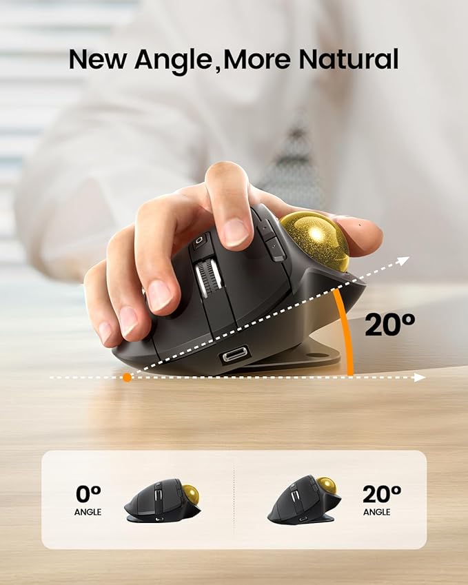 ProtoArc Wireless Trackball Mouse EM01 NL Ergonomic Bluetooth Rollerball Thumb Rechargeable Computer Laptop Mouse Adjustable Angle &amp 3 Device Connection for PC Mac Windows-Gold Ball