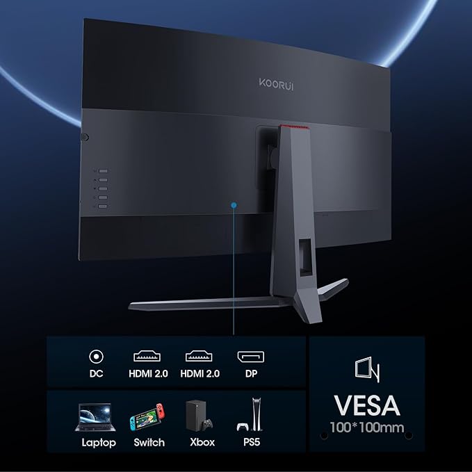 KOORUI 32 inch Curved Gaming Monitor QHD (2560 x 1440) 2K 170Hz 144Hz Monitor 1ms 1500R Display 90% DCI-P3 Adaptive Sync Tilt Adjustable VESA Compatible DisplayPort HDMI Black