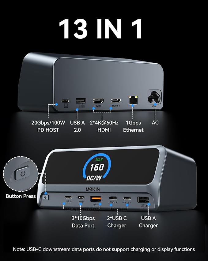 MOKiN Docking Station13 in 1 USB C Laptop Charging Station with 2.26 LCD Smart DisplayDual HDMI Display10Gbps USB A/C PortsGigabit Ethernet160W Max Output for MacBook DellHPLenovo and More