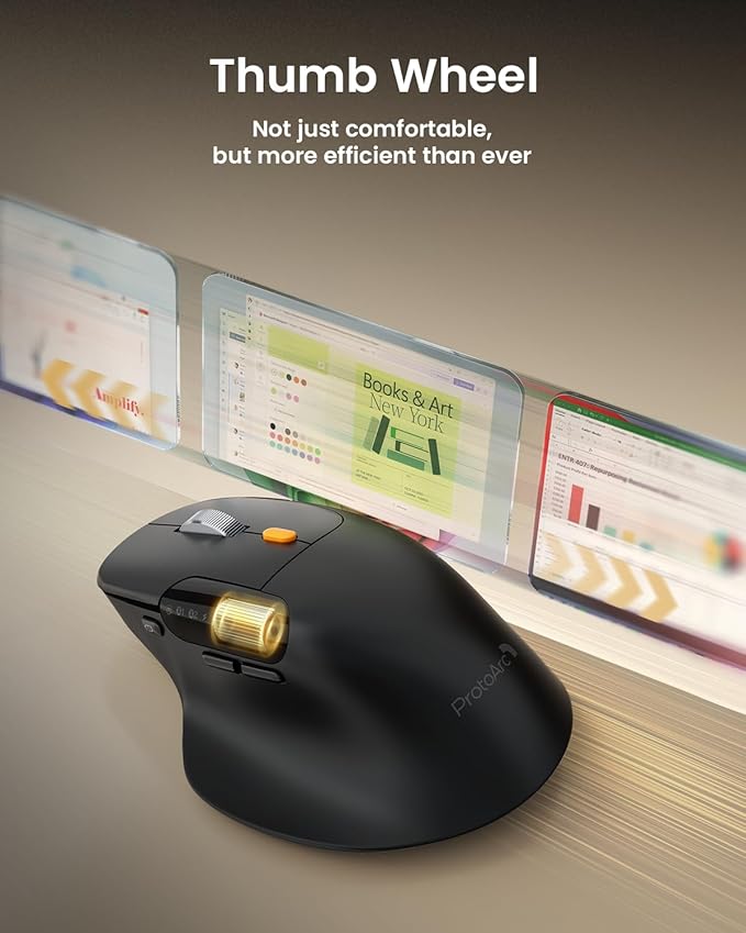 ProtoArc Ergonomic Bluetooth Mouse EM25 USB Wireless Mouse Fast Scrolling &amp Thumb Scroll Wheel Buttons Customizations 8000 DPI Quiet Rechargeable Compatible with Windows/Mac/Android Black