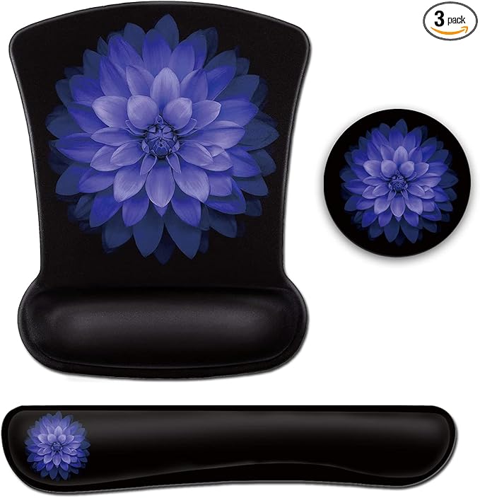Computer Mouse Desk Pad and Keyboard Wrist Rest Watercolor Purple Flowers Beautiful Office Accessories Desktop Decoration Wireless Black MousePad for Women Typing Playing Games in The Office