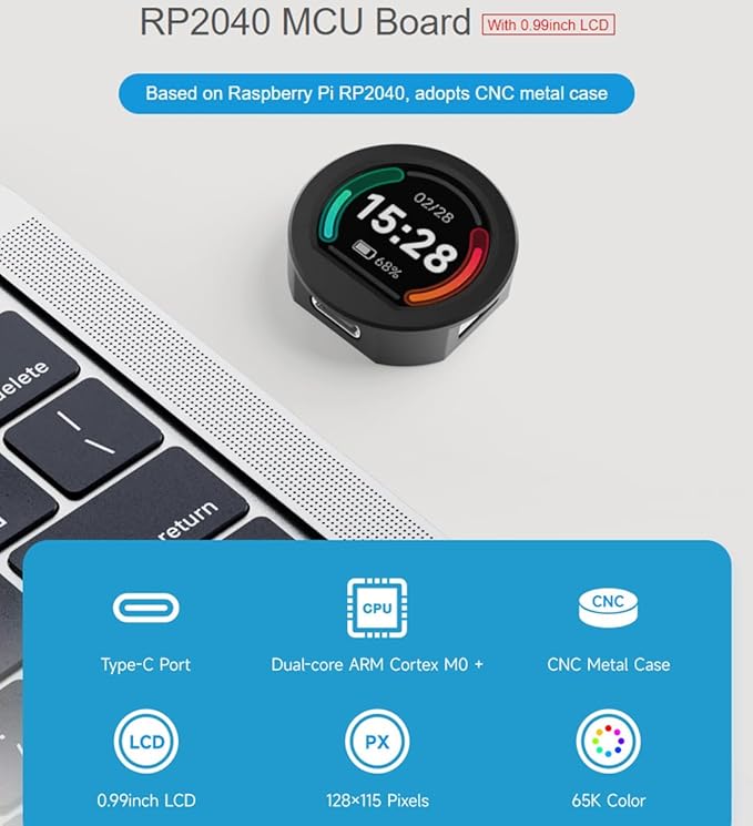 RP2040 MCU Board Onboard 0.99inch Round LCD 128 x 115 Pixels with CNC Metal Case BDual-core Arm Cortex M0+ Processor Accelerometer and Gyroscope Sensor Type-C Connector