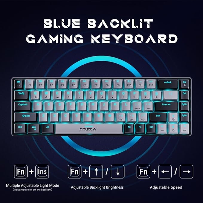abucow 65% Mechanical Gaming KeyboardBlue Switch Wired Compact Keyboard with Blue Backlight Swappable Black Gray Keycaps for Windows/Mac