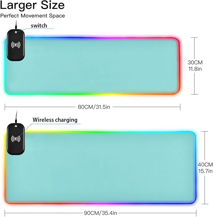 Light Blue Teal Mouse Pad Gaming Mousepad Non Slip Desk Mat Wireless Charging RGB Computer Mouse Pads Keyboard Pad Mats for Office Home Desktop 35.4 x 15.7 in