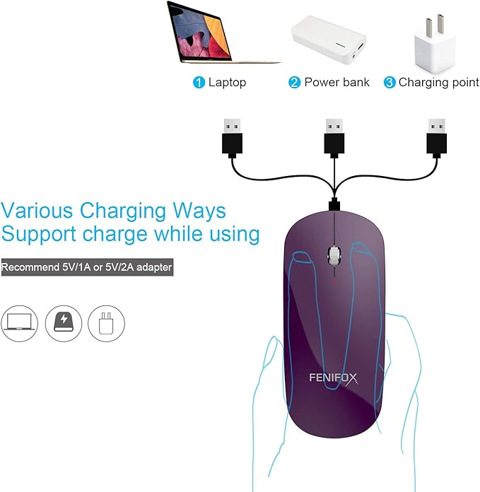 FENIFOX Bluetooth Mouse Slim Whisper-Quiet Mini Flat Portable Mobile Mice Rechargeable Compatible with LaptopPCAndroid Windows Tablet - Deep Purple