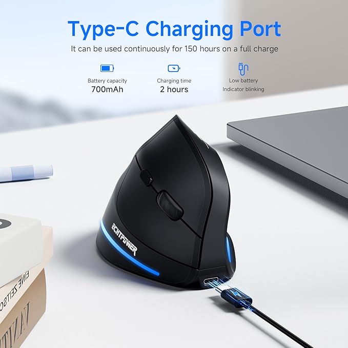 ECHTPower Ergonomic Wireless Mouse Bluetooth Vertical Mouse with LED Light Control Up to 3 Devices (BT5.0+BT5.0+2.4GHz) Adjustable DPI 2400/1600/1000 for PC Laptop Mac Windows