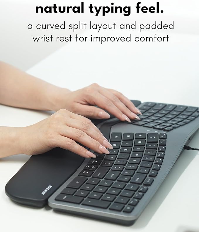 Macally Wired Ergonomic Keyboard for Mac - USB Hub Backlit Keys Dual USB C + A Plug Split Design Padded Wrist Cushion - Compatible Apple Keyboard for MacBook Pro/Air iMac iPad - Space Gray