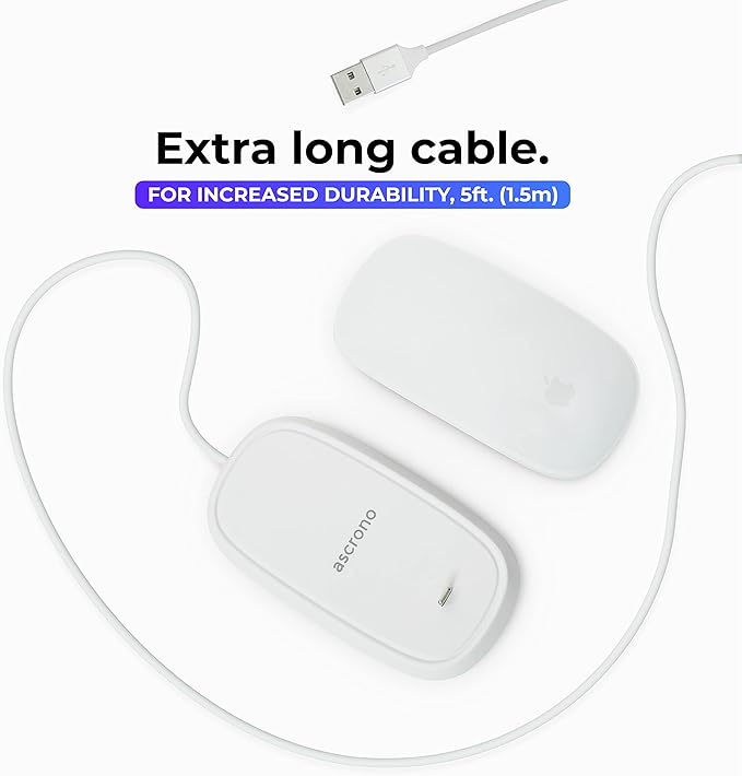 Ascrono - Charging Station Compatible with Apple Magic Mouse 2 - White - Perfect Accessories | Usable As Charging Dock Stand &amp Charger | Includes 5ft (1.5m) USB-A Cable | Lightning Connector