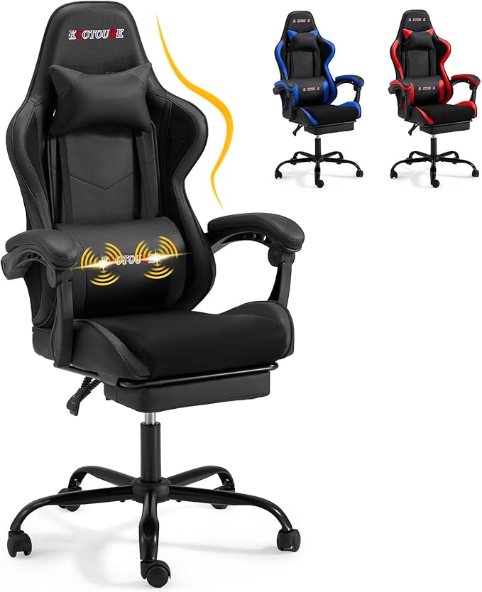 ECOTOUGE Ergonomic Gaming Chair Video Game Chair with Removable Back Cushion Gamer Chair with Massage Lumbar Pillow &amp Footrest Computer Office Gaming Chair with Reclining Backrest Black