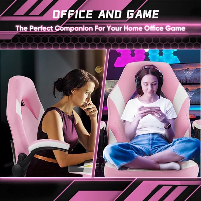 Gaming Chair PU Leather Computer Chair Ergonomic Office Chair with Lumbar Support Height Adjustable Rolling Desk Chairs with Flip-up Armrests (Pink+White)