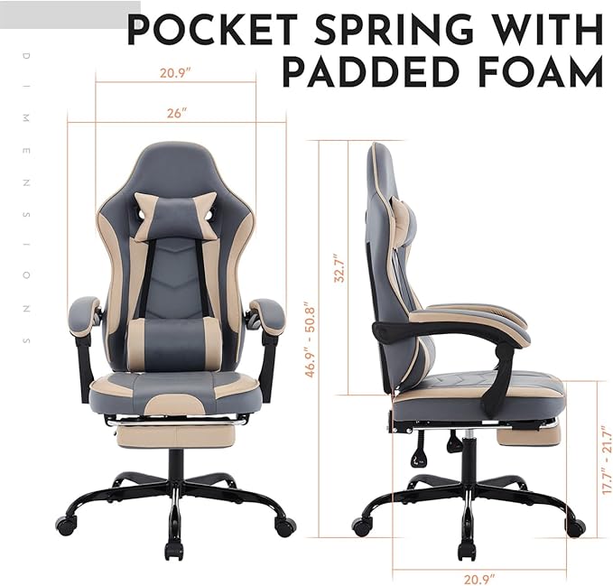 Office Gaming Chairs for Adults Comfortable Computer Gaming Chair with Footrest &amp Headrest and Lumbar Support PU Leather High Back Video Game Chairs (Beige+Blue)