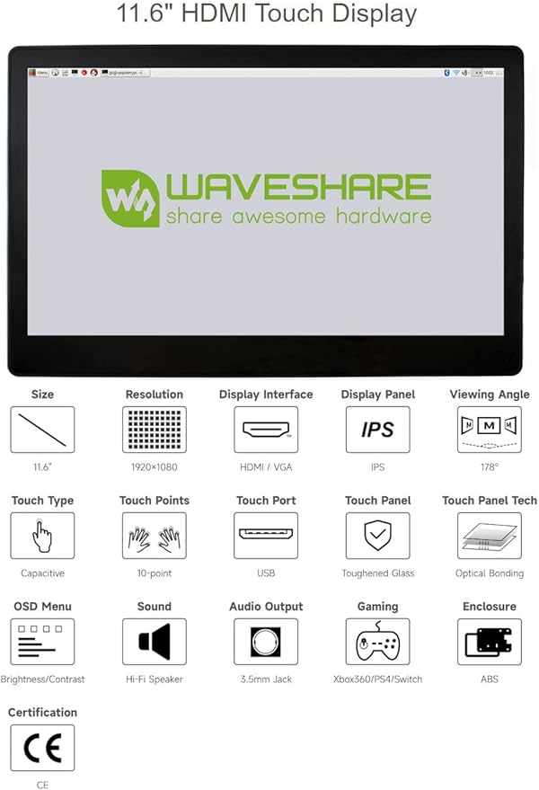 waveshare 11.6inch Capacitive Touch Screen LCD with Case Compatible with Raspberry Pi 4B/3B+/3A+/2B/B+/A+/Zero/Zero W/WH/Zero 2W CM3+/4 1920×1080 Resolution HDMI IPS Supports Jetson Nano/Windows