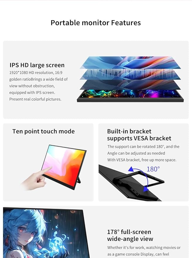 cjc 15.6 FHD Portable Touch Screen Monitor with Kickstand - USB C HDMI External Travel Display for Laptop Phone Gaming Console Second Screen (15.6“ 60Hz)