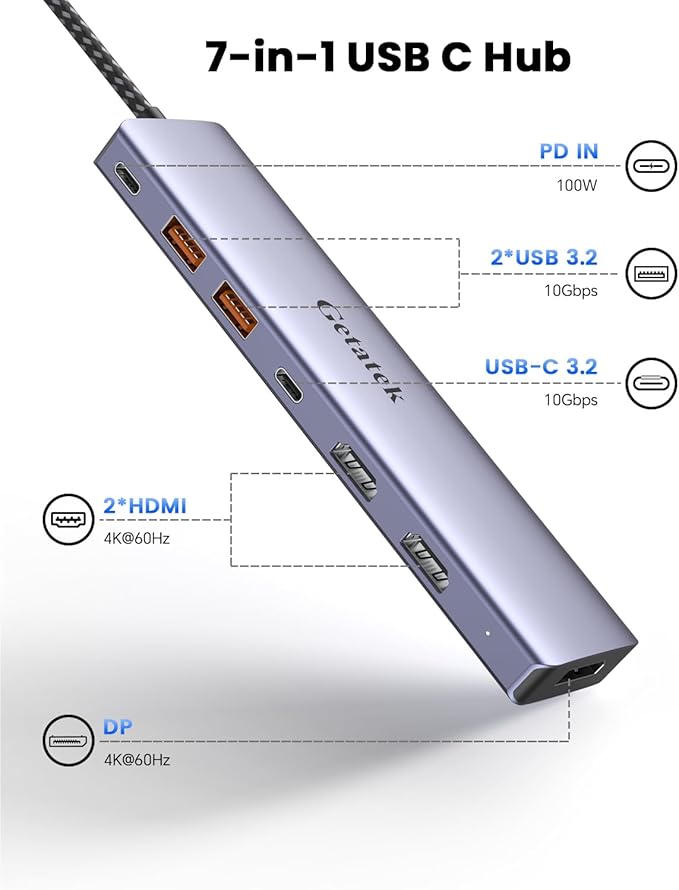 10Gbps USB C Hub with Triple Display Docking Station 4K@60Hz DP Dual HDMI Adapter 7-Port USB-C Laptop Docking Station for Dell Hp Lenovo Surface 3 USB 3.2 Port Hub &amp 100W PD