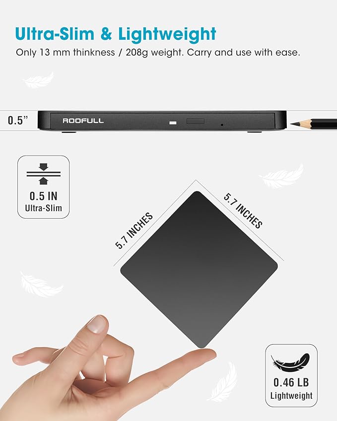 ROOFULL External CD/DVD Drive USB 3.0 &amp USB-C Ultra-Slim 0.5 High-Speed CD DVD Player Burner Reader Writer for Laptop Windows 11/10 Mac MacBook Linux OS