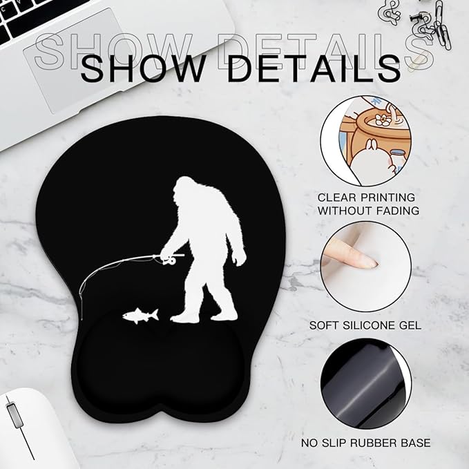 Mousepad Bigfoot Fishing Fish Sasquatch Ergonomic Wrist Support Non-Slip Base Mouse Mat with Wrist Rest Computer Mousemat for Desk Work Accessories Pad