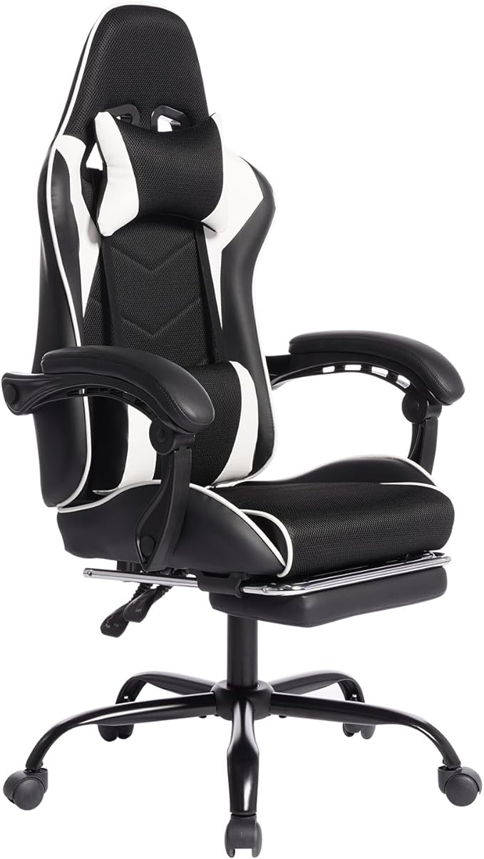 Gaming Chair Computer Chair with Footrest HeadrestLumbar Support and Ergonomic Adjustable Design for Office or Gaming (White)
