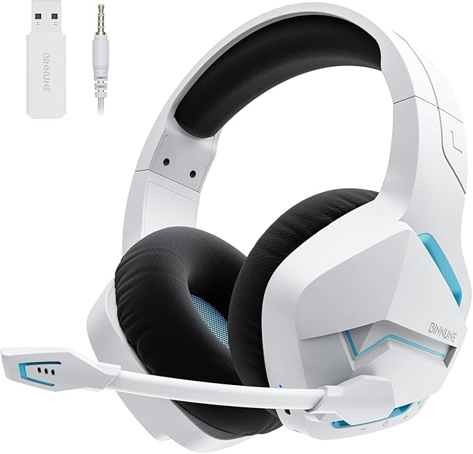 BINNUNE 2.4GHz Wireless Gaming Headset Bluetooth 5.3 Gaming Headphones with Noise Canceling Mic 120H Ultra-Long Battery 50mm Drivers Multi-Platform for PC / PS5 /PS4/ Switch/Mobile White