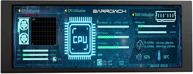 VSDISPLAY 6.86 Inch Computer Temp LCD Monitor 1280x480 IPS Mini Stretched Bar PC Case Screen Supports DIY CPU GPU RAM Data ThemeBlack