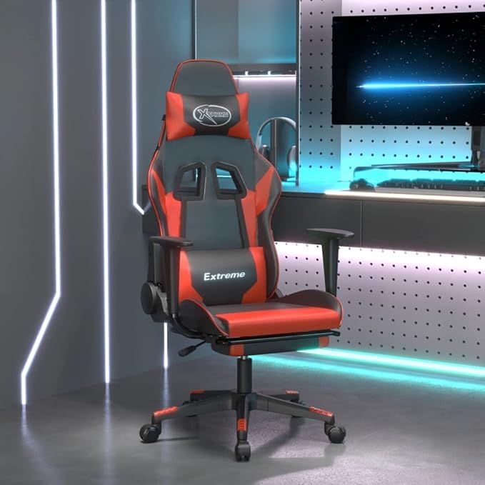 Massage Gaming Chair with Footrest Black&ampRed Faux Leather Gaming Chair with Ergonomic Design Adjustable Features - for Gamers and Office Use