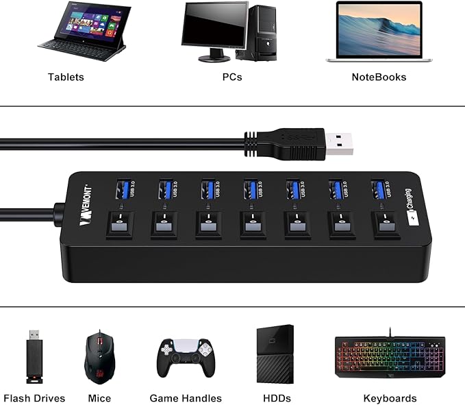 Powered USB Hub 3.0VEMONT 7 Ports Multi USB hubs and 1 USB Smart Charging Port with 5V/3A Power SupplyUSB Extension Splitter with Individual On/Off Switches and 4ft/1.2m Long Cable for PC/Laptop