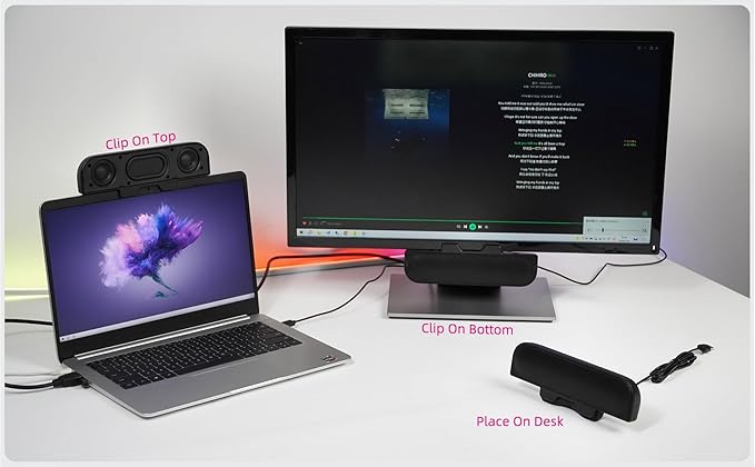Computer Speakers for Desktop PC Monitor Speakers USB Plug-in Wired External Speaker for Laptop Small Computer Soundbar for PC with Loud Sound Deep Bass USB-C Adapter Easily Clamp to Monitor