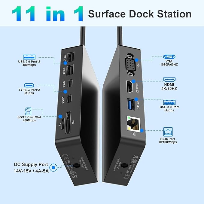 for Microsoft Surface Dock Triple Displays HDMI+VGA 11 in 1 Surface pro Docking Station for Surface Pro 10/9/8/X/7/6/5/4Surface Laptop 6/5/4/3/2 Surface Book (HDMI VGA Ethernet SD/TF Audio 5*USB)